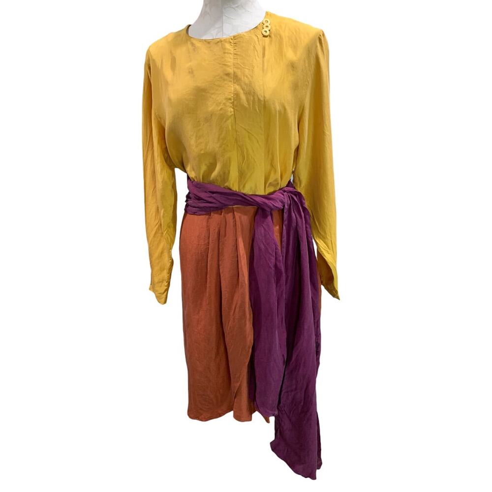 Size 10 Pat Argenti Silk Dress Tri Color Sash Waist Long Sleeve Knee Length